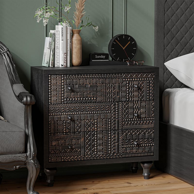 COZAYH 3 Drawer Farmhouse Dresser with Geometric Carved Pattern, Vintage Accent Wood Storage Chest for Living Room, Bedroom