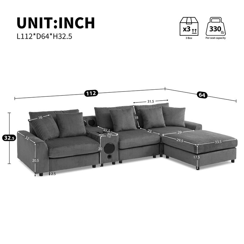 Roomfitters 112" Corduroy Sectional Sofa, L Shaped Couch with Console, Deep Wide Seat, Ottoman, Dark Gray