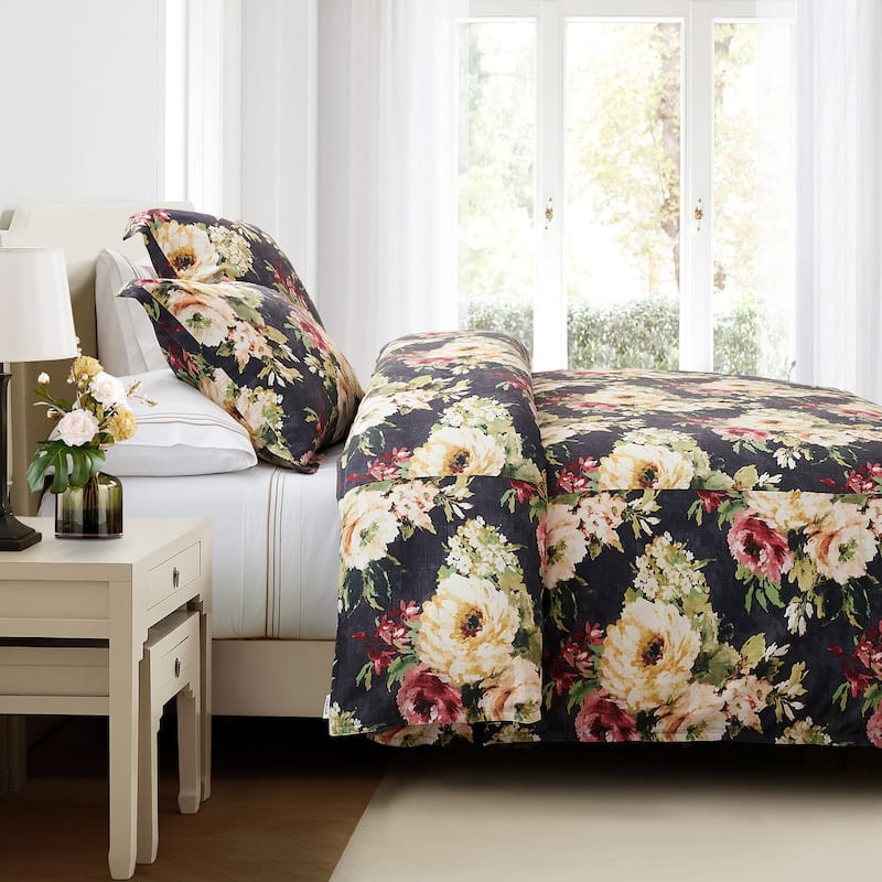 HiEnd Accents Peony Washed Linen Watercolor Floral Bedding Chic Casual 3 Piece Comforter Set