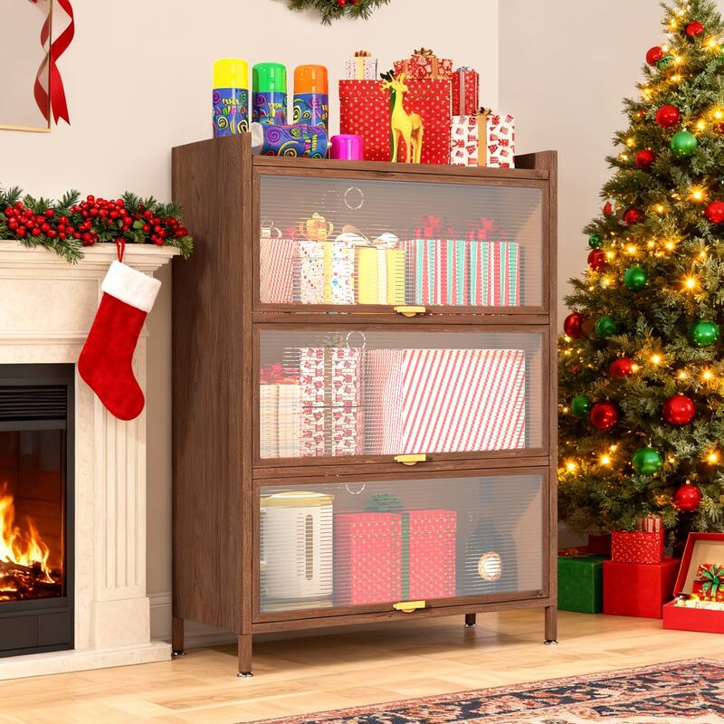 Anmytek 44 Inch Tall Metal Storage Cabinet 3 Flip Doors Ample Storage Walnut Finish