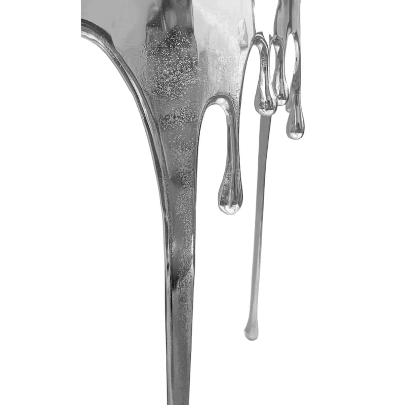 Capri Sofa Console Table, 36.25" Half Moon Glass Top, Melting Drip Design Aluminum Cast Silver