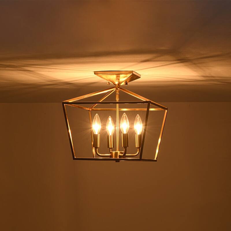 French Country Candle Iron Square Cage Semi Flush Ceiling Lantern