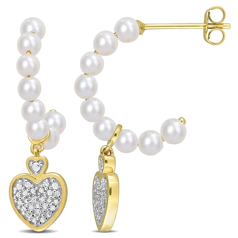 Miadora 4mm Cultured Freshwater Pearl Diamond Accent Heart Earrings 10k Yellow Gold