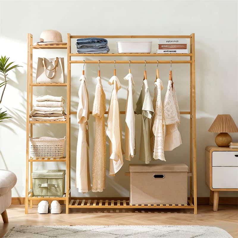 Stylish Bamboo Garment Rack with Shelves and Shoe Storage