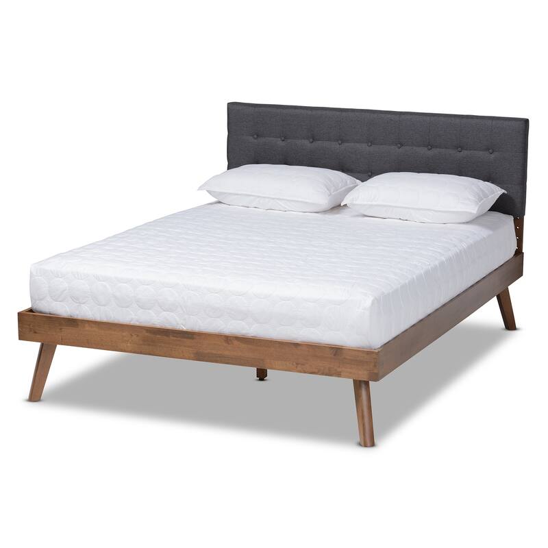 Dark Grey Fabric Upholstered Walnut Brown King Size Platform Bed with Mid-Century Modern Design