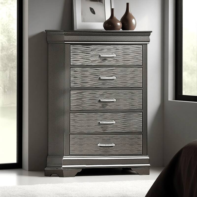 Jean Tall Dresser Chest, 5 Drawers, Chrome, Dark Gray Solid Wood
