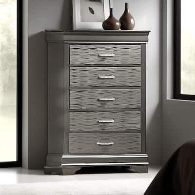 Jean Tall Dresser Chest, 5 Drawers, Chrome, Dark Gray Solid Wood