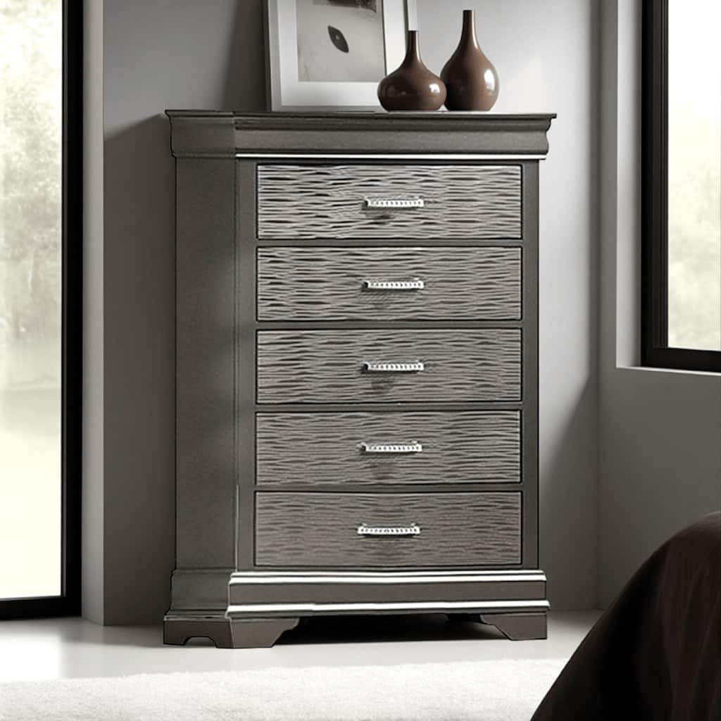 Jean Tall Dresser Chest, 5 Drawers, Chrome, Dark Gray Solid Wood