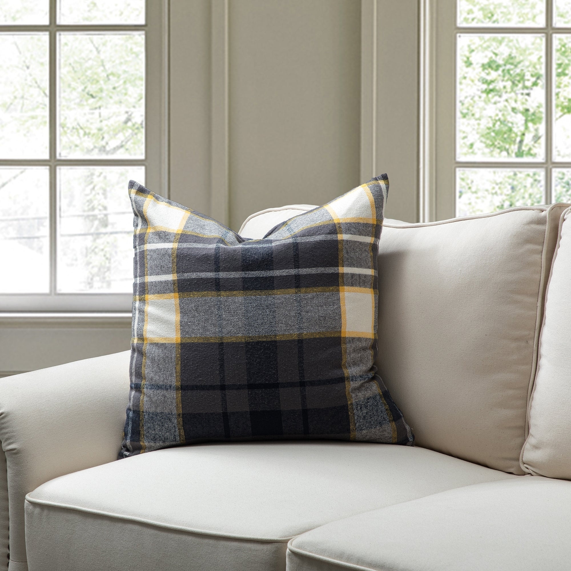 Gray With Yellow Check Pattern And Polyester Insert Pillow