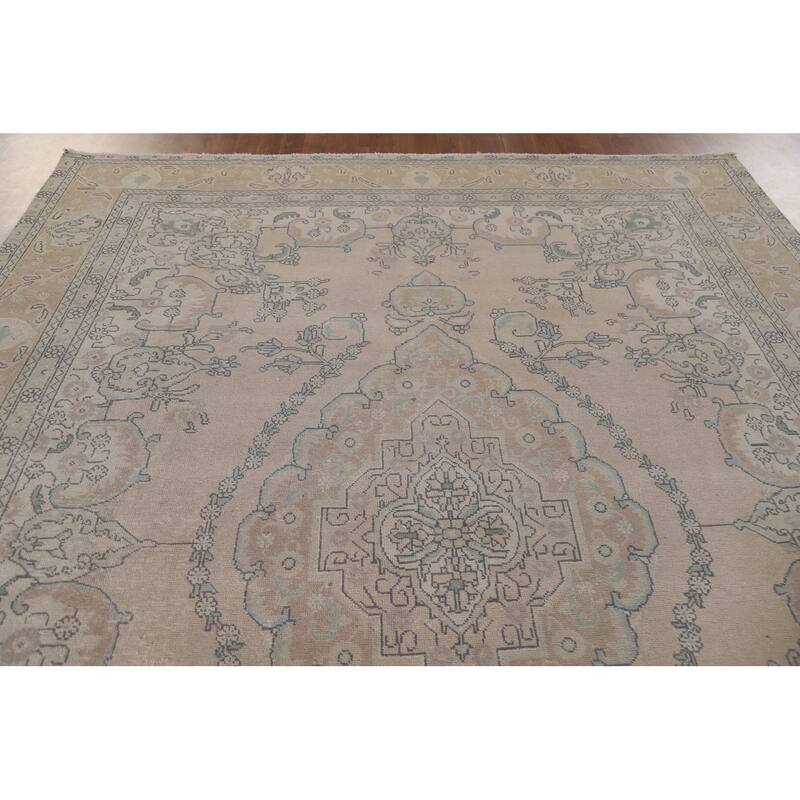 Hand Knotted Oriental 100% Wool Carpet Traditional Medallion Beige & Ivories Tabriz Area Rug - 11' 2'' X 8' 1''