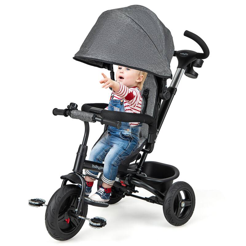 Gymax 4-in-1 Baby Tricycle Toddler Trike w/ Reversible Seat Canopy & - Grey