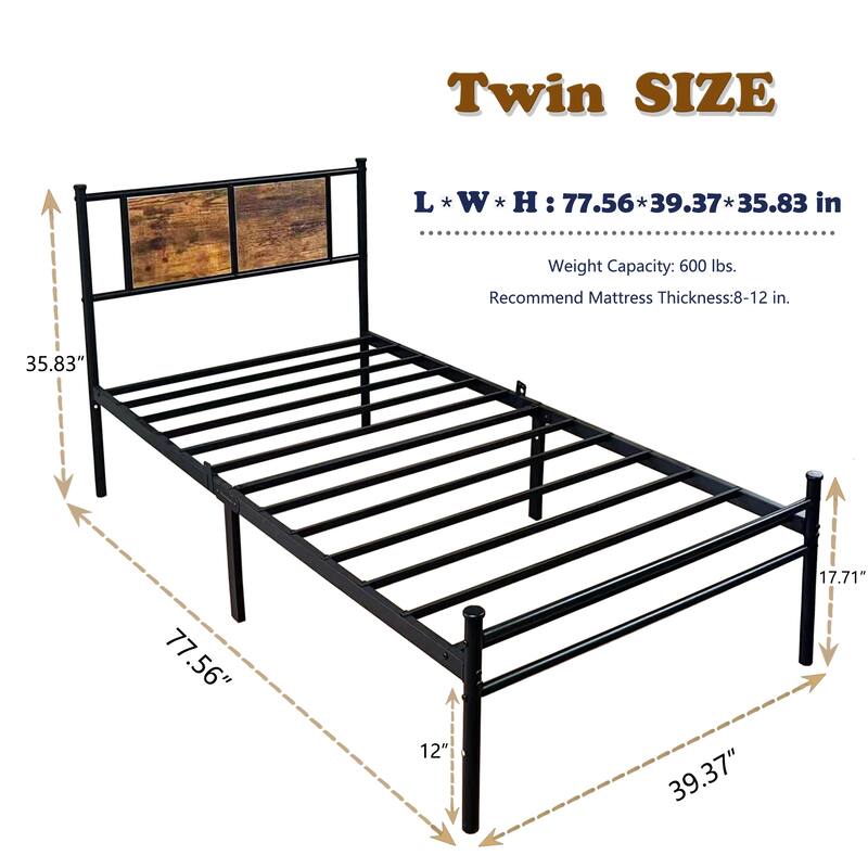Twin Size Bed Frame with Wood Headboard, Metal Slats Support, No Box Spring Needed, Easy Assembly