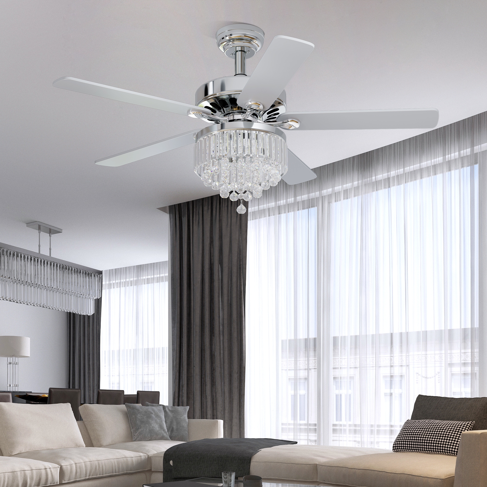 52-inch Wooden 5-Blade Crystal Ceiling Fan Chandelier with