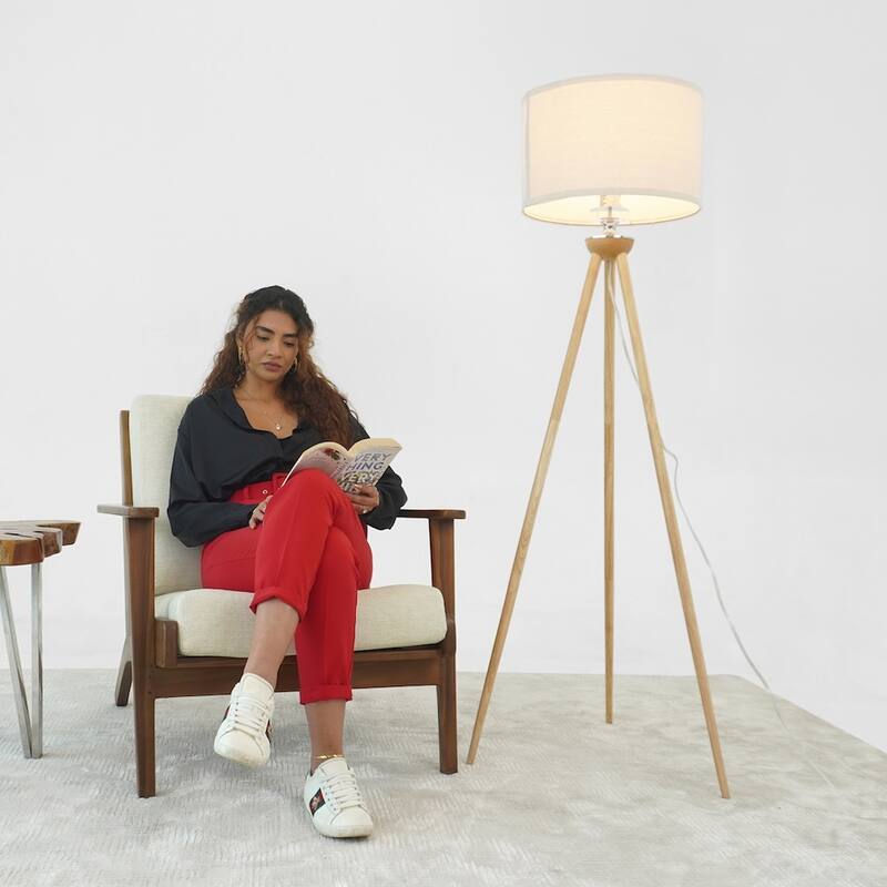 Mary Natural Wood Tripod Floor Lamp with Linen Shade