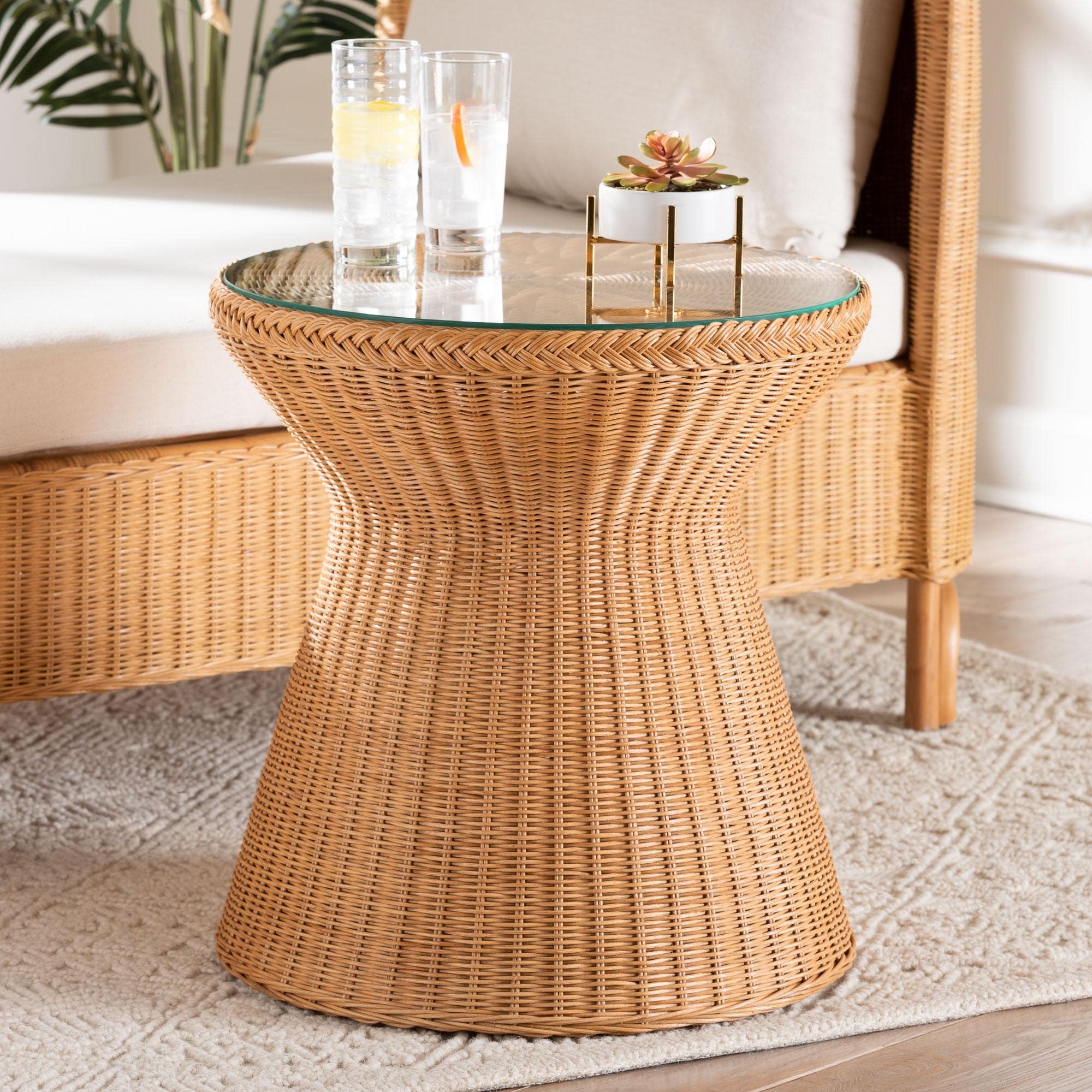 Nina Bohemian Light Honey Braided Rattan End Table with Glass