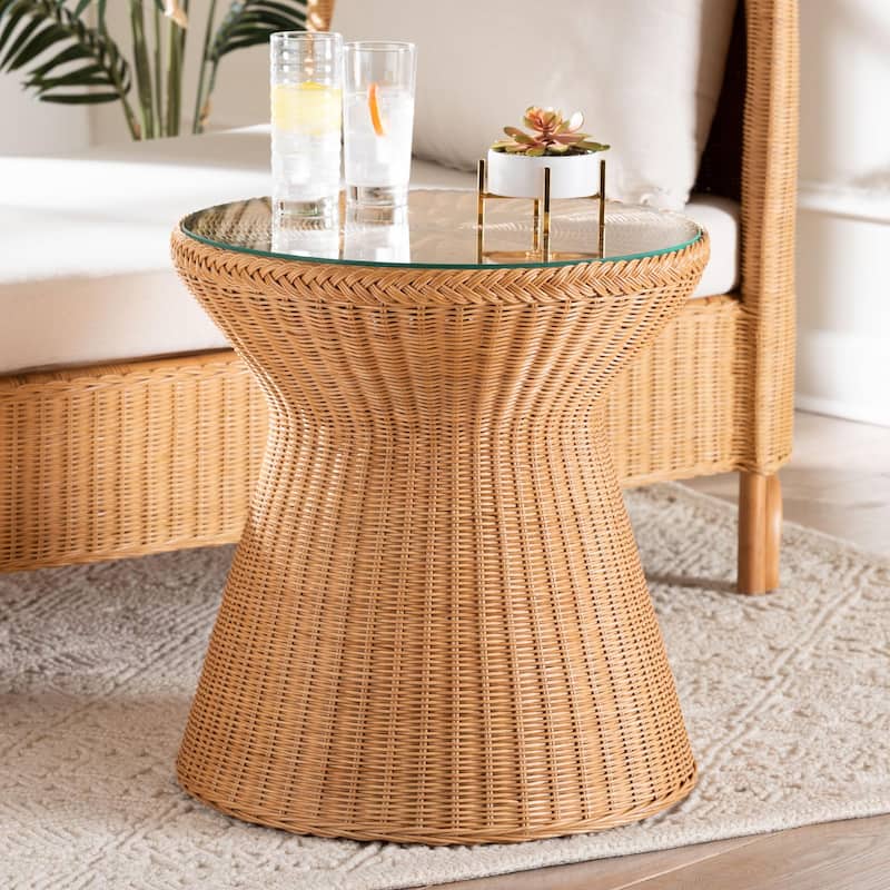 Nina Bohemian Light Honey Braided Rattan End Table with Glass Tabletop