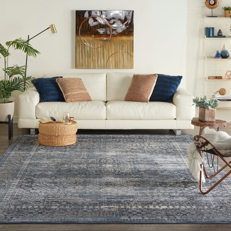 Malta Vintage Oriental Bordered Medallion Area Rug - 9' x 12' - Navy - Runner/Rectangle