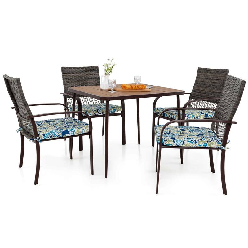 Costway 5 PCS Patio Dining Set with Wood-Plastic Tabletop & Umbrella - 5 PCS