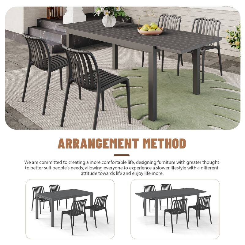 Outdoor Dining Set 5-Piece Stackable Plastic Lightweight Dining Chair and Extendable Dining Table