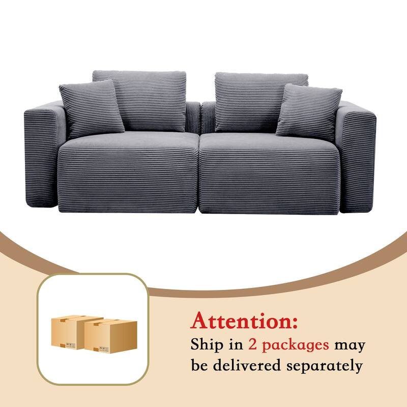 Corduroy Sectional Modular Sofa with Square Arms & Ottoman Extension for Flexible Arrangements