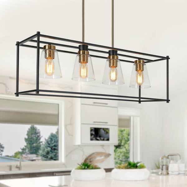 slide 2 of 7, Modern Linear Chandeliers Black Gold Dimmable Geometric Ceiling Lights with Glass Shade - 33.5" L x 10" W x 75" H
