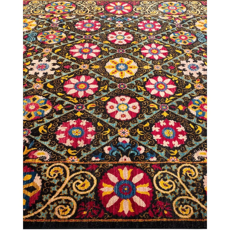 Overton Hand Knotted Wool Vintage Inspired Modern Contemporary Suzani Black Area Rug - 6' 2" x 9' 6"