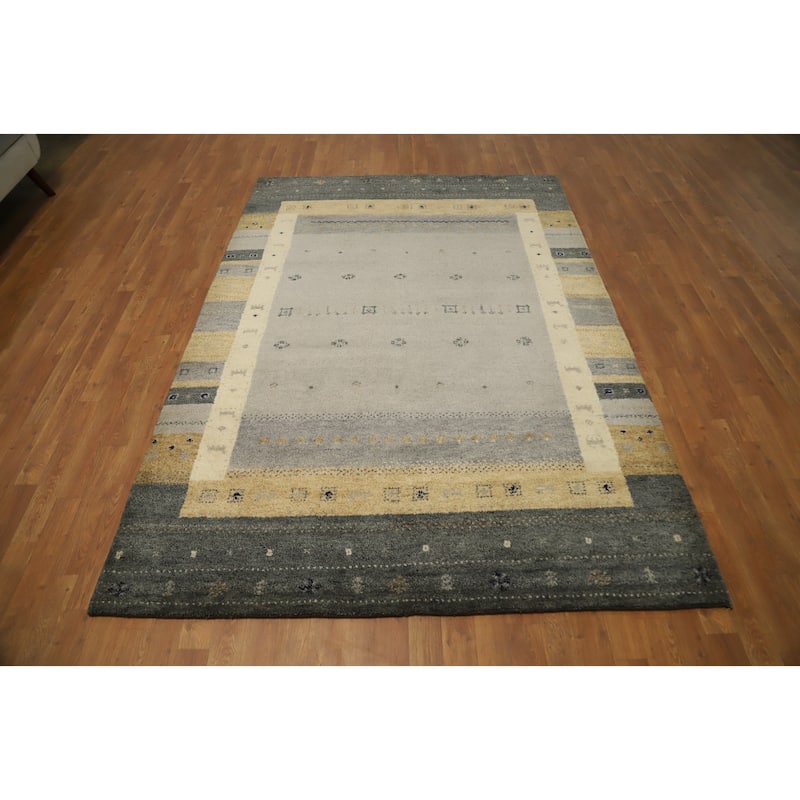 Hand Knotted Oriental 100% Wool Carpet Modern Geometric Greys & Charcoal Gabbeh Area Rug - 7' 9'' X 5' 6''