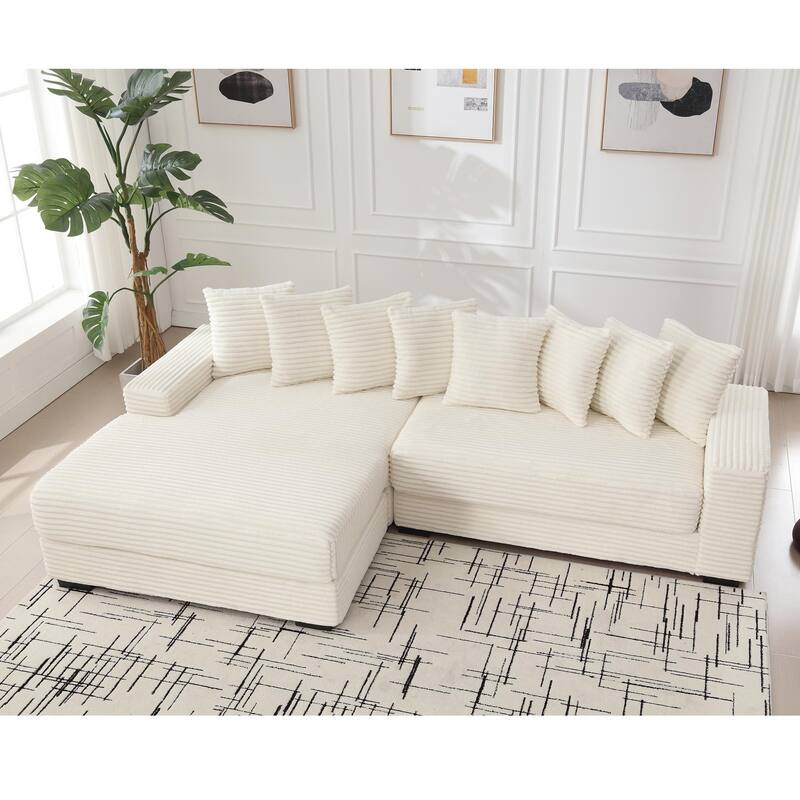 L Shaped Modular Sectional Sofa with Chaise, Oversized Corduroy Upholstered Sleeper Sofa, Floor Corner Sofa with Throw Pillows - Beige
