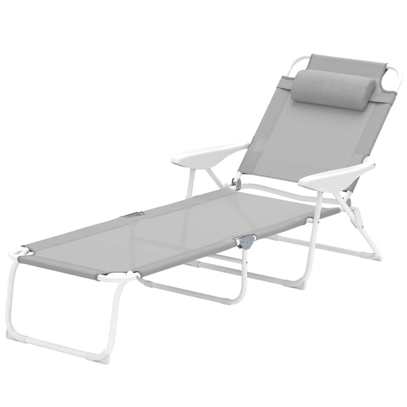 Foldable Adjustable Chaise Lounge Chair with Pillow and Armrests Portable Mesh Sun Lounger for Patio Poolside and Backyard - Grey