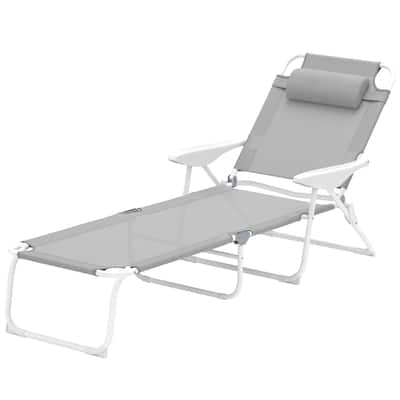 Foldable Adjustable Chaise Lounge Chair with Pillow and Armrests Portable Mesh Sun Lounger for Patio Poolside and Backyard