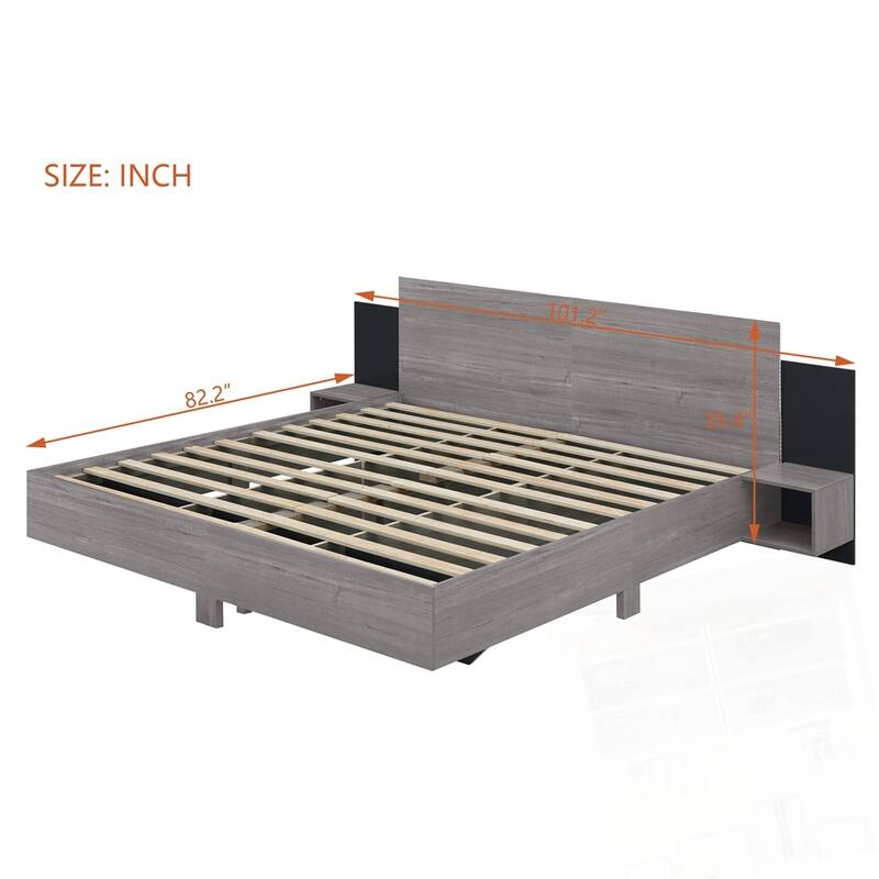 Wooden Floating Platform Bed, with LED Lights and Bedside Nightstand