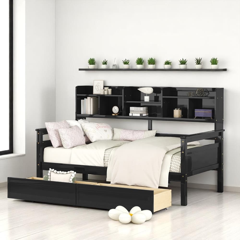 Wooden Twin/Full Daybed with 2 Storage Drawers and Bedside Shelves, No Box Spring Needed, Modern Design