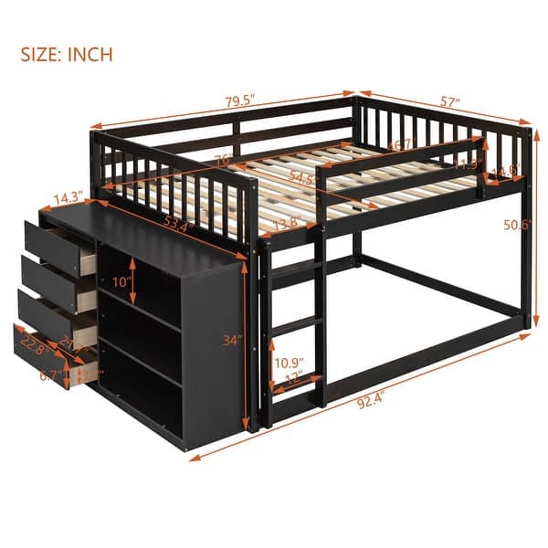 dimension image slide 4 of 6, Wood Floor Bunk Bed with 4 Drawers and 3 Shelves
