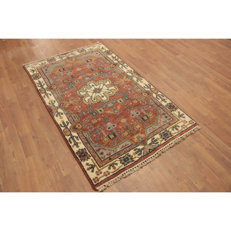 Hand-knotted Traditional Wool Orange Geometric Oriental Area Rug - 5' 0'' X 3' 0''