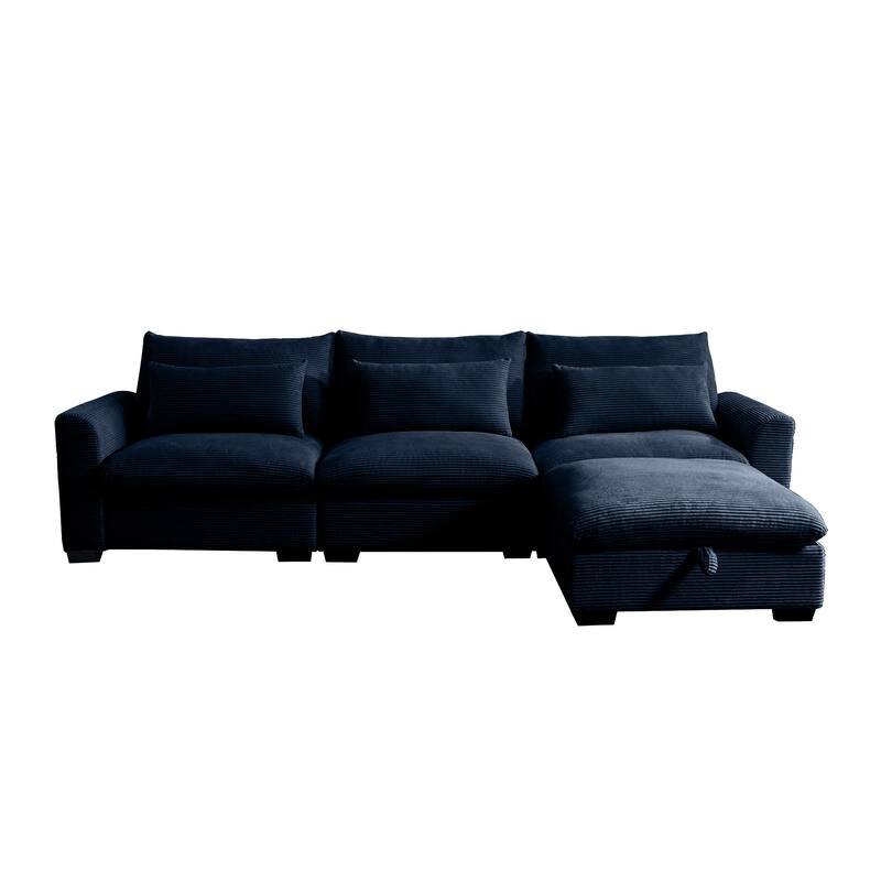 Modern L Shaped Modular Corduroy Sofa with Storage Ottoman and Plush Cushions for Living Room or Guest Room