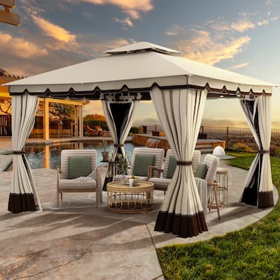 10 Ft. W x 12 Ft. D Outdoor Metal Patio Gazebo With Nettings And Soft Top