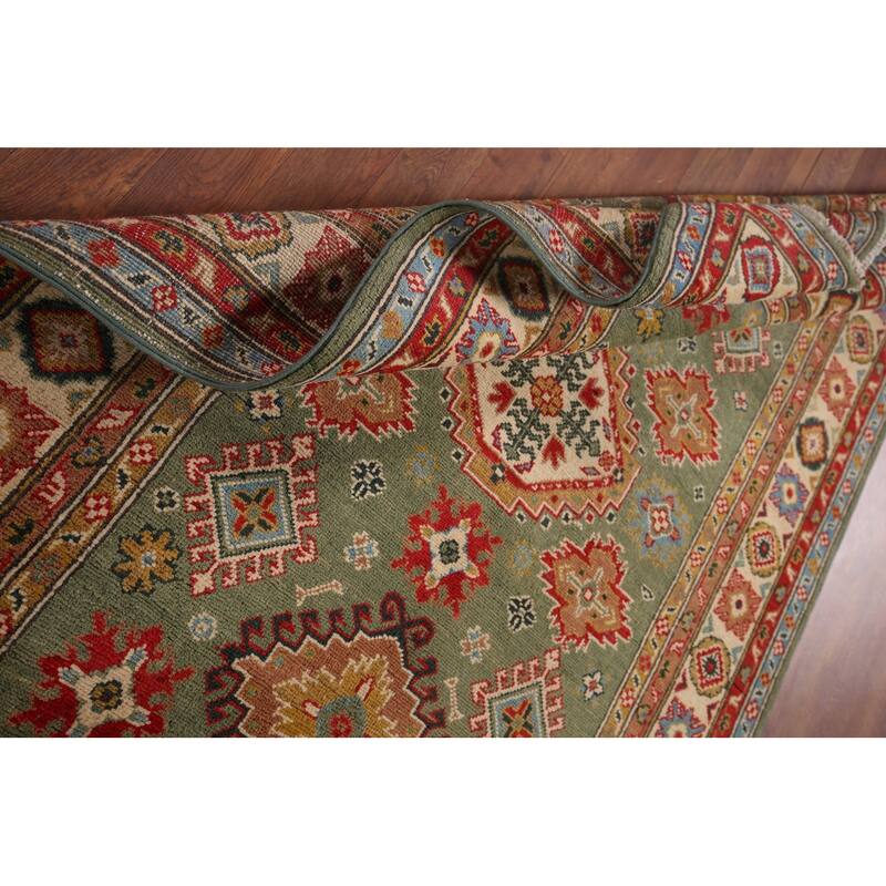 Hand Knotted Oriental 100% Wool Carpet Traditional Geometric Green Kazak Area Rug - 5' 11'' X 4' 0''