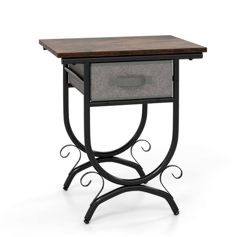 Black and Gray Side Table with Foldable Fabric Drawer Metal and Engineered Wood Storage End Table - 19" x 14" x 21"