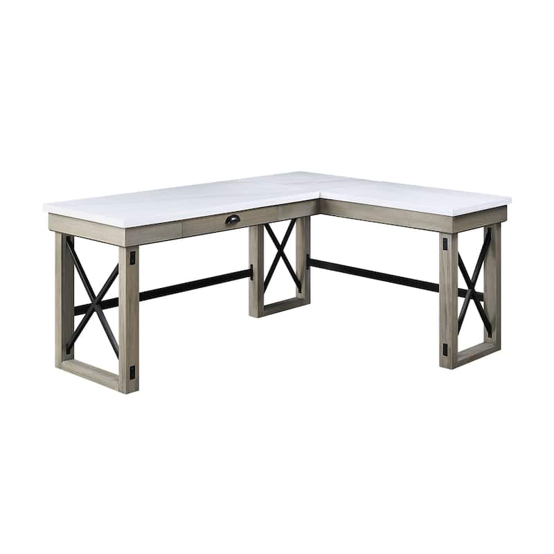 Writing Desk with Lift Top in Rustic Finish Marble Table Top, LShape