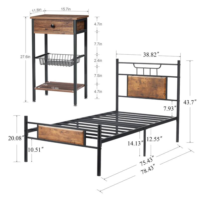 Javlergo 3-Piece Bedroom Set with Bed Frame and 2 Nightstand, Brown