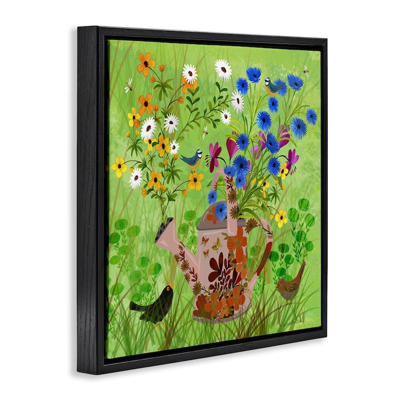 Stupell Bright Gardening Can & Birds Framed Floater Canvas Wall Art Design By Kay Widdowson