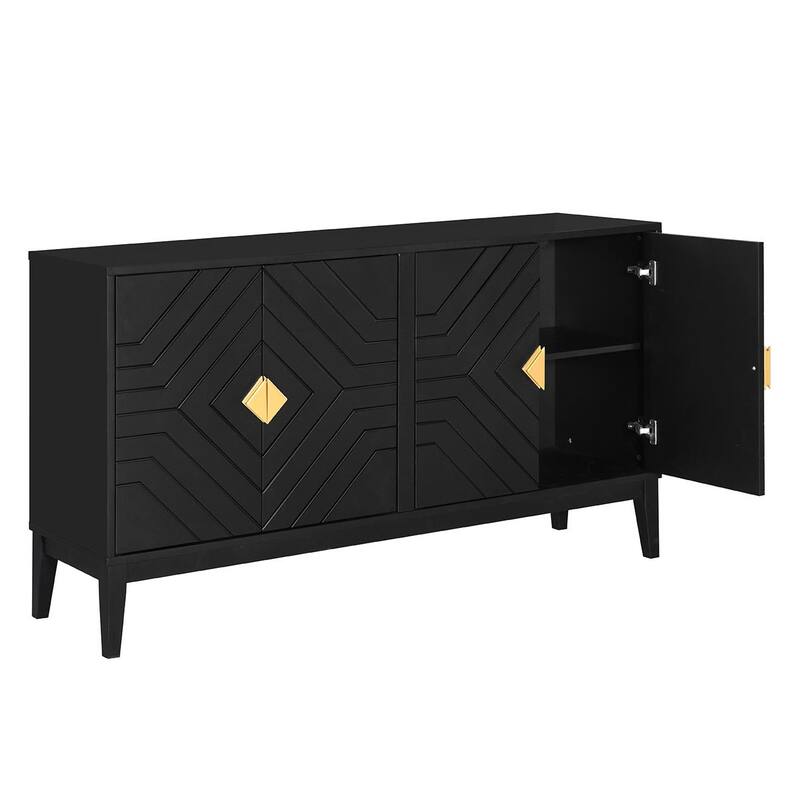 4 Door Buffet Cabinet with Groove Striped Lines, Sideboard Cabinet with Gold Handles, Storage Cabinet with Adjustable Shelves