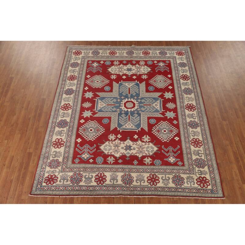 Geometric Red Kazak Oriental Area Rug Wool Carpet - 8'0" x 9'9"