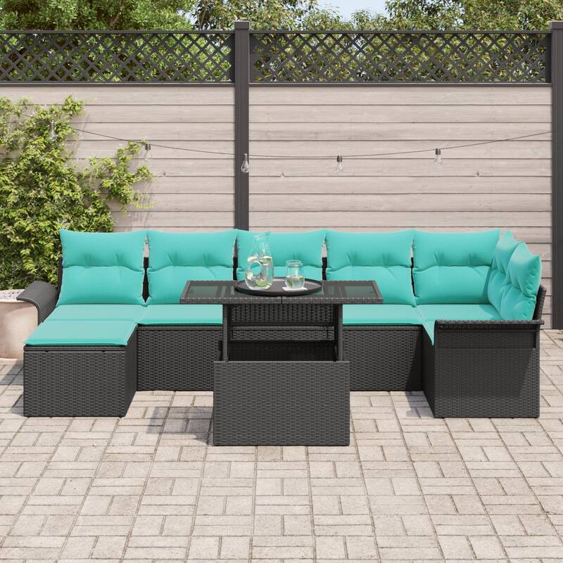 vidaXL 8 Piece Garden Sofa Set with Cushions Black Poly Rattan - 117.1×52.2×27.2