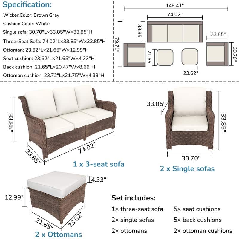 5-piece Patio Furniture High Back Conversation Set with Beige Cushions