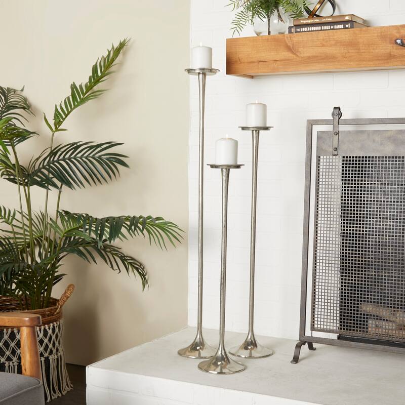 Aluminum Metal Tall Candle Holder - Set of 3 Silver or Dark Gray - Roche River Decor