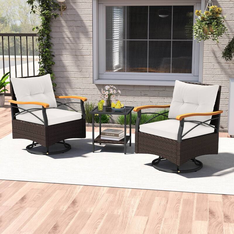Costway 3 PCS Outdoor Swivel Chair Set with 2-Tier Tempered Glass Side - See Details
