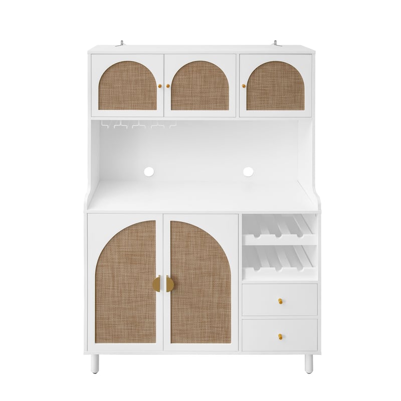 Roomfitters Accent Storage Cabinet with Rattan Doors, Buffet Sideboard with Wine Rack and Drawers, White