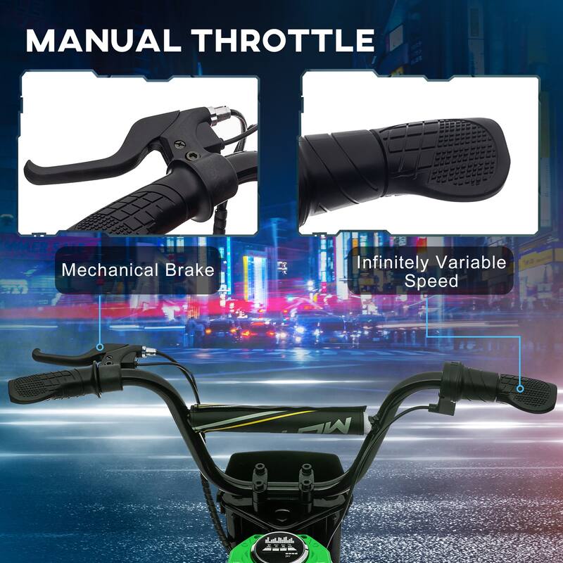 24V Teen Electric Motorcycle with Manual Throttle, Music, Horn, Pneumatic Wheels, 6.2-14.9 mph Speed, for Ages 13+