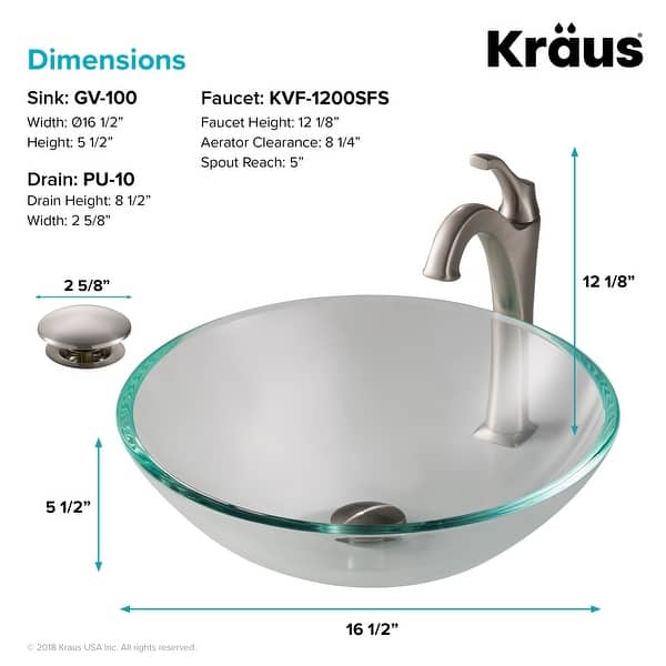 dimension image slide 1 of 5, Kraus Glass Vessel Sink, Bathroom Faucet, Pop Up Drain, Mounting Ring